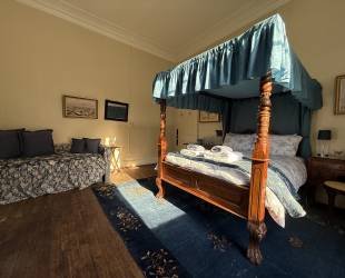 Master Bedroom with four posted bed,  garden and river view